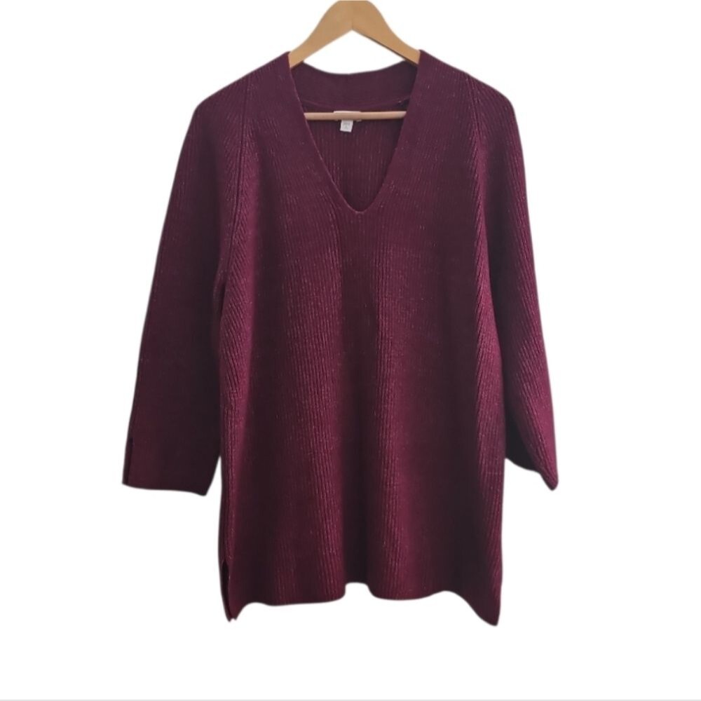 PureJill Ribbed Tunic Sweater Women’s XL Petite Plum Quiet Luxury Knit Top